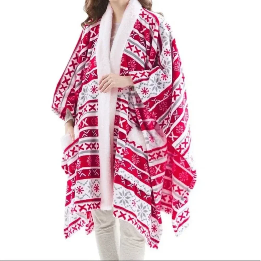 CHARTER CLUB Pink Red White Fair Isle Cozy Plush Wrap Throw 50